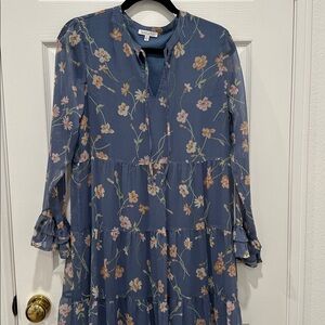 Patrons of Peace Floral Long Sleeve Dress in Dusty Blue